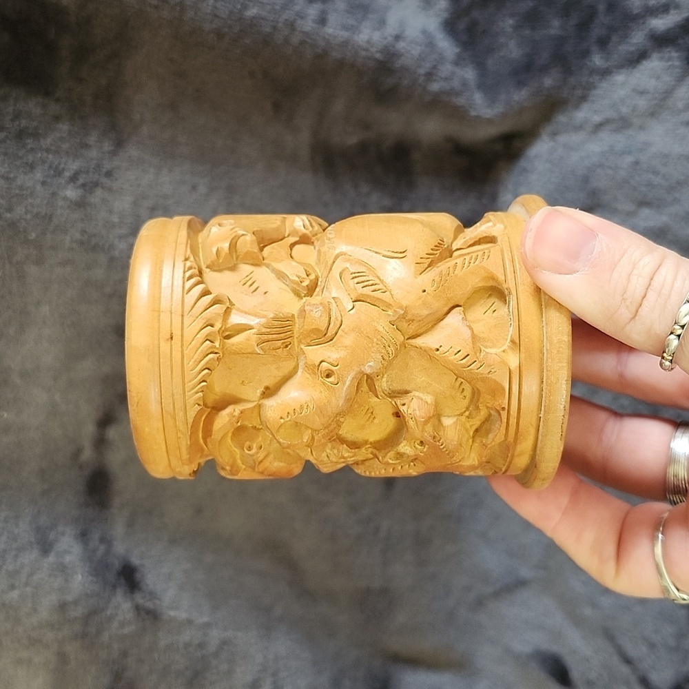 Wooden Pencil Holder With Carved Animals